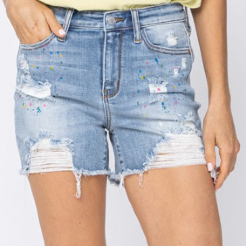 Judy Blue - Rainbow Paint Splash Destroyed Shorts